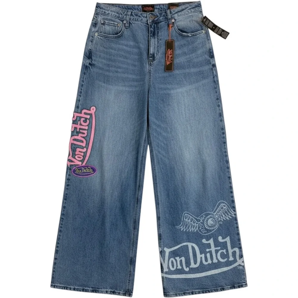 Von Dutch Originals Wide Leg Jeans Women's 28 Blue Graphic Patch Y2K